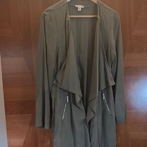 Green Trench Coat with Draped Front and Long Sleeves